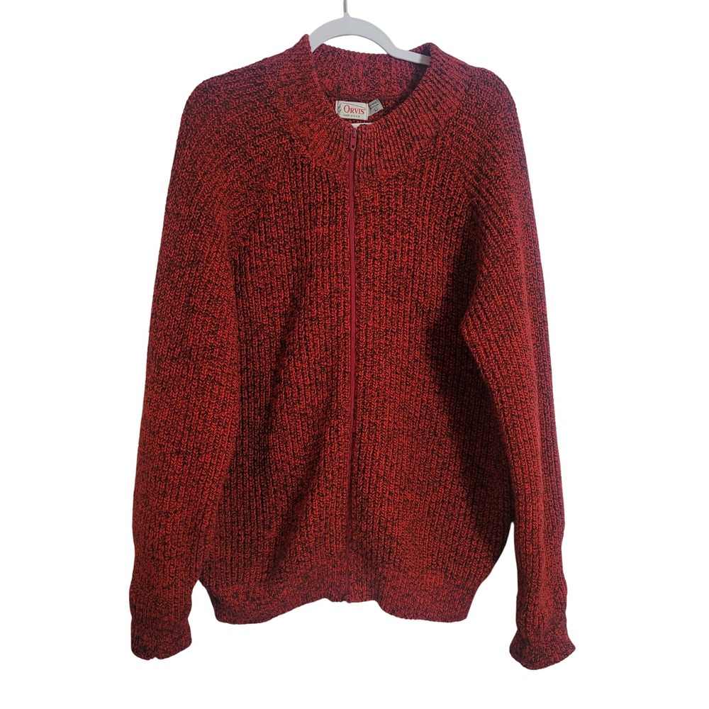 Orvis VTG Mens Zip Cardigan Sweater Red Black Wool Blend Elbow Patches Large USA